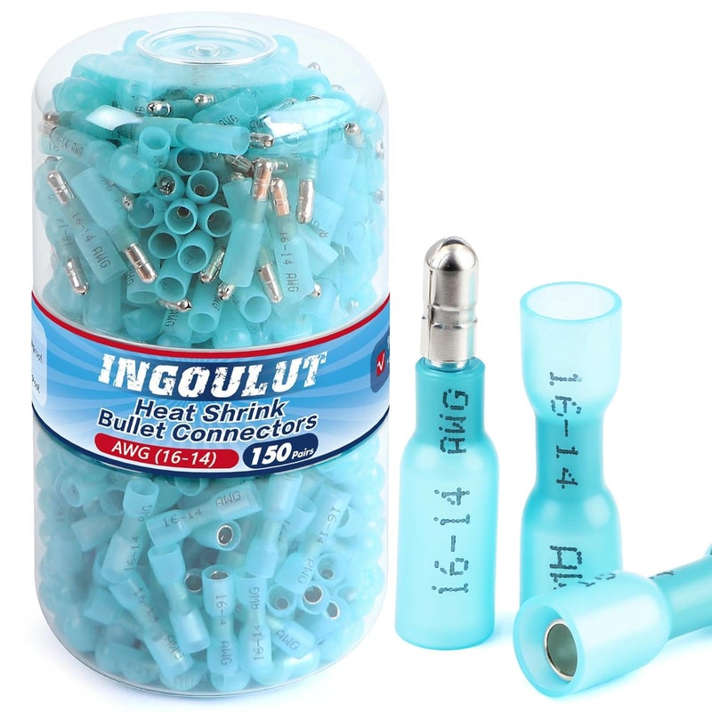 Ingoulut 300PCS Heat Shrink Bullet Connectors for Wiring AWG 16-14 Blue Waterproof Quick Disconnect Electrical Insulated Male&Female Wire Terminals Kit for Marine Automotive Wire Crimp Connectors - Image 1